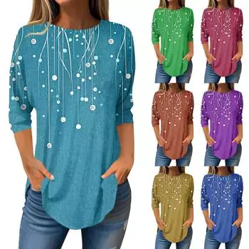 Женская мода повседневная футболка с круглым вырезом и принтом в стиле ретро, семь рукавов, пуловер M синий