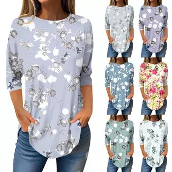 Женская мода повседневная футболка с круглым вырезом и принтом в стиле ретро, семь рукавов, пуловер XXL