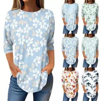 Женская мода повседневная футболка с круглым вырезом и принтом в стиле ретро, семь рукавов, пуловер XXL