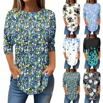 Женская мода повседневная футболка с круглым вырезом и принтом в стиле ретро, семь рукавов, пуловер L циан