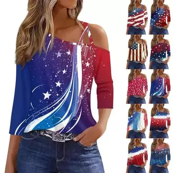 Женская мода повседневная футболка с принтом «День независимости» с открытыми плечами и рукавом 3/4 XXL