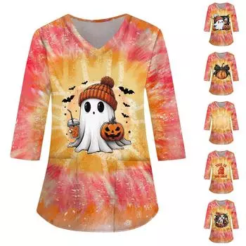 Женская мода повседневная футболка с принтом Хэллоуина и V-образным вырезом, рукавом 3/4 L чёрный