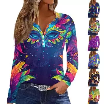 Женская мода повседневная футболка с принтом Марди Гра и V-образным вырезом, длинным рукавом, на пуговицах XL синий