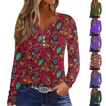 Женская мода повседневная футболка с принтом Марди Гра и V-образным вырезом, длинным рукавом, на пуговицах M