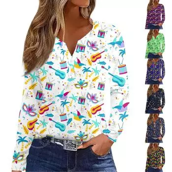 Женская мода повседневная футболка с принтом Марди Гра и V-образным вырезом, длинным рукавом, на пуговицах M синий