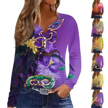 Женская мода повседневная футболка с принтом Марди Гра и V-образным вырезом, длинным рукавом, на пуговицах XXL