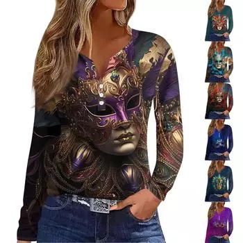 Женская мода повседневная футболка с принтом Марди Гра и V-образным вырезом, длинным рукавом, на пуговицах M синий