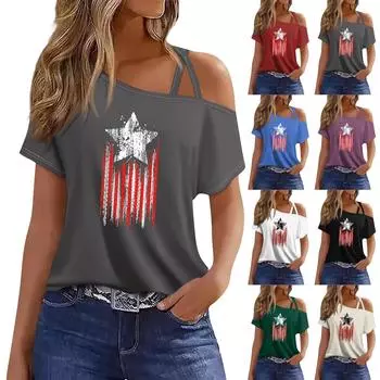 Женская мода, повседневная футболка с принтом на День независимости, сексуальная футболка с короткими рукавами и открытыми плечами, топ XXXL