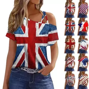 Женская мода, повседневная футболка с принтом на День независимости, сексуальная футболка с короткими рукавами и открытыми плечами, топ M синий