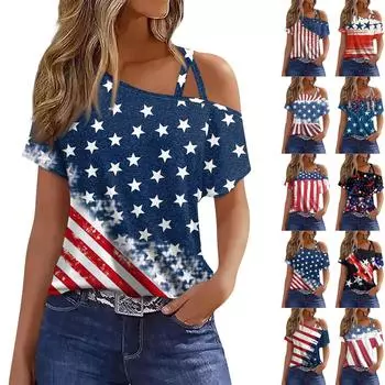 Женская мода, повседневная футболка с принтом на День независимости, сексуальная футболка с короткими рукавами и открытыми плечами, топ S киноварь