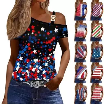 Женская мода, повседневная футболка с принтом на День независимости, сексуальная футболка с открытыми плечами и короткими рукавами, топ L чёрный