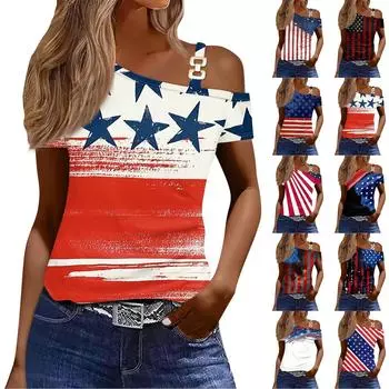 Женская мода, повседневная футболка с принтом на День независимости, сексуальная футболка с открытыми плечами и короткими рукавами, топ L синий