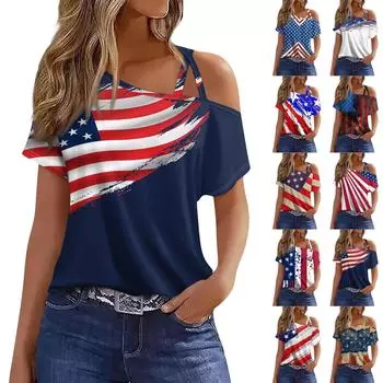 Женская мода, повседневная футболка с принтом на День независимости, сексуальная футболка с короткими рукавами и открытыми плечами, топ L белый
