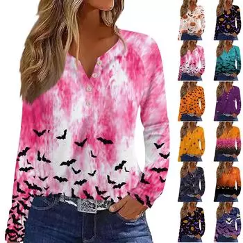 Женская мода повседневная футболка с принтом на Хэллоуин с V-образным вырезом и длинным рукавом на пуговицах L чёрный
