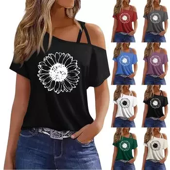 Женская мода, повседневная футболка с принтом подсолнечника, сексуальная футболка с короткими рукавами и открытыми плечами, топ L бежевый