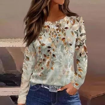 Женская мода повседневная футболка с разрезом и круглым вырезом, длинный рукав, свободная футболка с принтом, женские футболки S