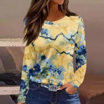 Женская мода повседневная футболка с разрезом и круглым вырезом, длинный рукав, свободная футболка с принтом, женские футболки S