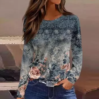 Женская мода повседневная футболка с разрезом и круглым вырезом, длинный рукав, свободная футболка с принтом, женские футболки S синий