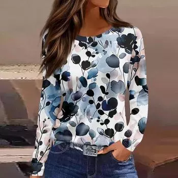 Женская мода повседневная футболка с разрезом и круглым вырезом, длинный рукав, свободная футболка с принтом, женские футболки S золотой