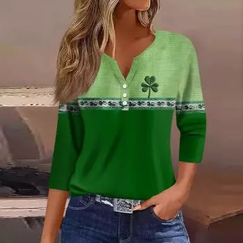 Женская мода повседневная футболка с рукавом три четверти и V-образным вырезом с цветочным принтом L армия зеленый