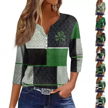 Женская мода повседневная футболка с рукавом три четверти и V-образным вырезом с цветочным принтом L