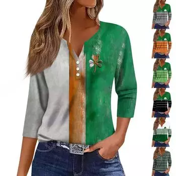 Женская мода повседневная футболка с рукавом три четверти и V-образным вырезом с цветочным принтом S шафрановый