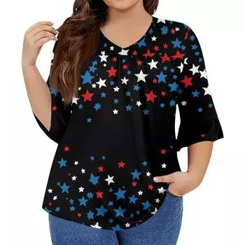 Женская мода повседневная футболка с V-образным вырезом, рукавами-семью, оборками, принтом «День независимости», топы, женские топы больших размеров XXL чёрный
