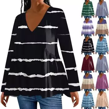 Женская мода повседневная футболка с V-образным вырезом и длинным рукавом в полоску с принтом в виде сращивания, свободный топ XXXL зелёный