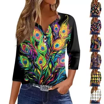 Женская мода повседневная футболка с V-образным вырезом и декоративными пуговицами и рукавом три четверти с принтом карнавала XXL оранжевый