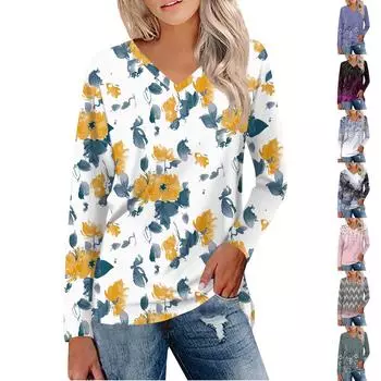 Женская мода, повседневная футболка с v-образным вырезом и рукавами 3/4 с цветочным принтом, топ на пуговицах L темно-фиолетового