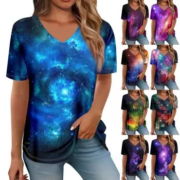 Женская мода повседневная футболка с v-образным вырезом и короткими рукавами с принтом XL синий
