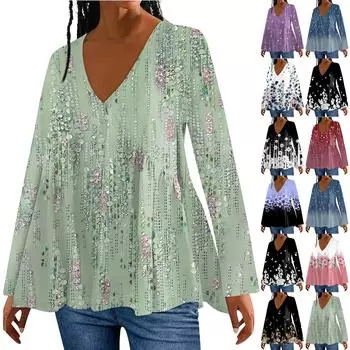 Женская мода повседневная футболка с V-образным вырезом и длинным рукавом с винтажным цветочным принтом свободный топ XXXL фиолетовый