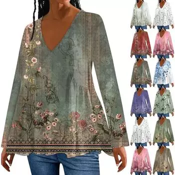 Женская мода повседневная футболка с V-образным вырезом и длинным рукавом с винтажным цветочным принтом свободный топ M