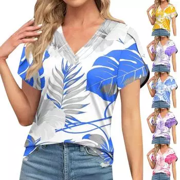 Женская мода, повседневная футболка с v-образным вырезом и принтом листьев, свободная футболка с короткими рукавами, жилет, топ L синий