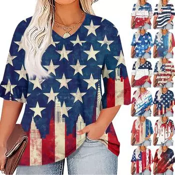 Женская мода повседневная футболка с V-образным вырезом, рукавами-семью, оборками, принтом «День независимости», топы, женские топы больших размеров XXL красный