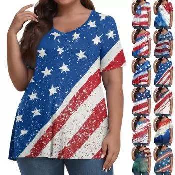 Женская мода повседневная футболка с V-образным вырезом и коротким рукавом большого размера с принтом «День независимости» XXL синий
