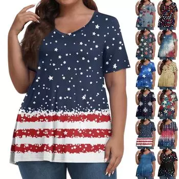 Женская мода повседневная футболка с V-образным вырезом и коротким рукавом большого размера с принтом «День независимости» XXXXL