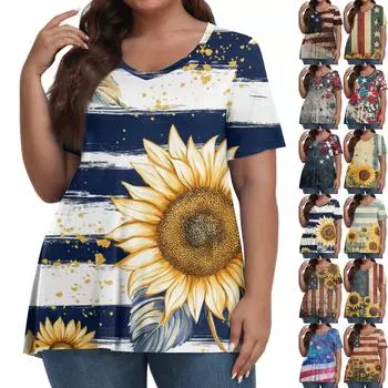 Женская мода повседневная футболка с V-образным вырезом и коротким рукавом большого размера с принтом «День независимости» L