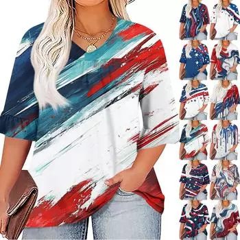 Женская мода повседневная футболка с V-образным вырезом, рукавами-семью, оборками, принтом «День независимости», топы, женские топы больших размеров XXXXXL синий