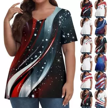 Женская мода повседневная футболка с V-образным вырезом и коротким рукавом большого размера с принтом «День независимости» XXL синий