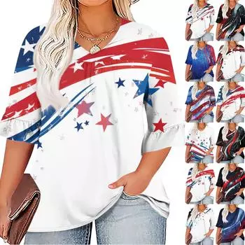 Женская мода повседневная футболка с V-образным вырезом, рукавами-семью, оборками, принтом «День независимости», топы, женские топы больших размеров XL синий