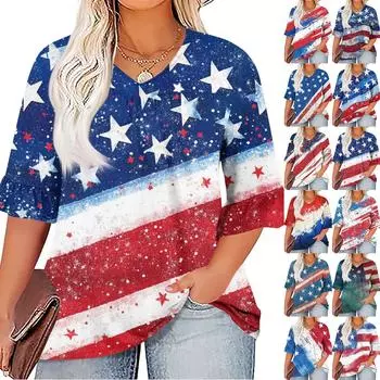 Женская мода повседневная футболка с V-образным вырезом, рукавами-семью, оборками, принтом «День независимости», топы, женские топы больших размеров XXXXL