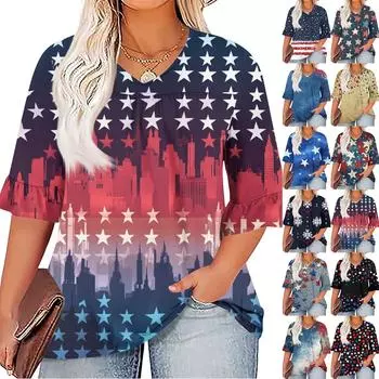 Женская мода повседневная футболка с V-образным вырезом, рукавами-семью, оборками, принтом «День независимости», топы, женские топы больших размеров XXXXL