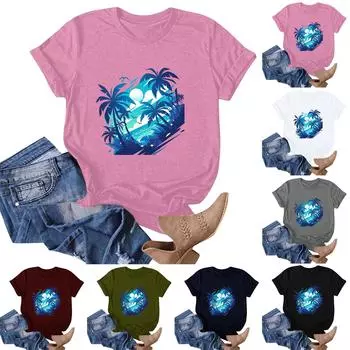 Женская мода повседневная гавайская футболка с коротким рукавом и принтом, топ, футболка с коротким рукавом L