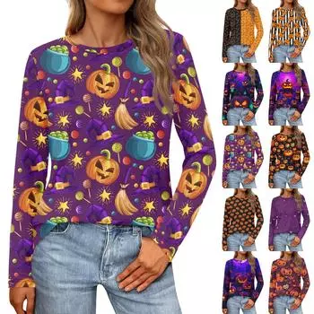 Женская мода повседневная Хэллоуин длинный рукав круглый вырез топ M чёрный