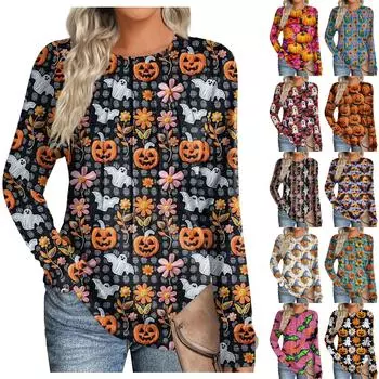 Женская мода повседневная Хэллоуин длинный рукав круглый вырез топ XL