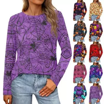 Женская мода повседневная Хэллоуин длинный рукав круглый вырез топ XXXL