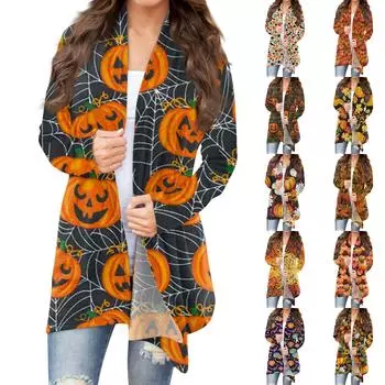 Женская мода повседневная Хэллоуин принтованный длинный рукав кардиган средней длины топы L чёрный