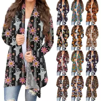 Женская мода повседневная Хэллоуин принтованный длинный рукав кардиган средней длины топы XXL имбирный