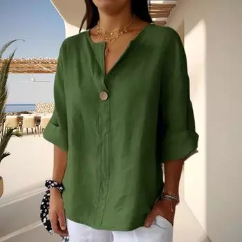 Женская мода повседневная хлопковая льняная кофта с V-образным вырезом на пуговицах и рукавами-семью точками L